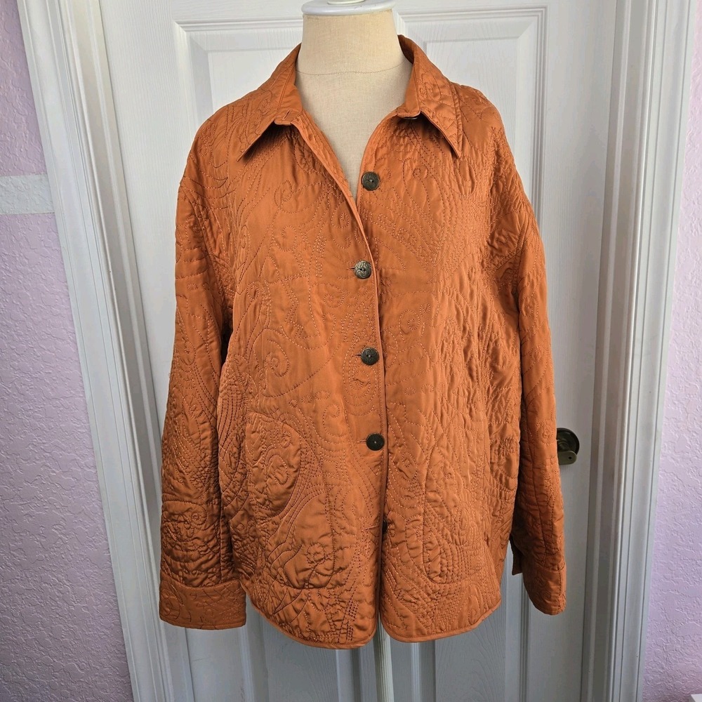 Chico's Quilted Jacket Size 3 XL Pumpkin‎ Orange Pockets Button Front Closure